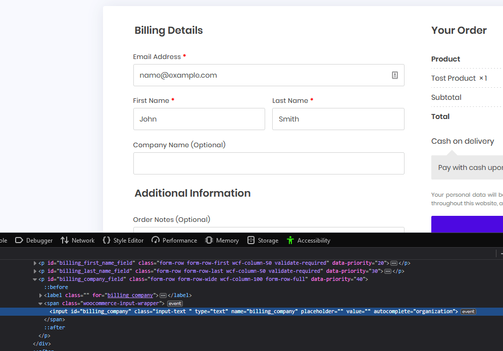image 2 Inspecting element of WooCommerce field
